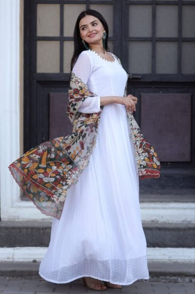 White Georgette Gown With Soft Organza Dupatta Kurti With Dupatta Wholesale