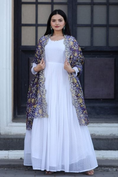 White Georgette Gown With Soft Organza Dupatta Kurti With Dupatta Wholesale