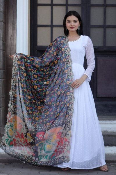 White Georgette Gown With Soft Organza Dupatta Kurti With Dupatta Wholesale