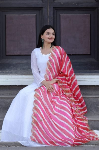 White Georgette Gown With Soft Organza Dupatta Kurti With Dupatta Wholesale