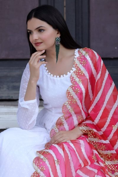 White Georgette Gown With Soft Organza Dupatta Kurti With Dupatta Wholesale