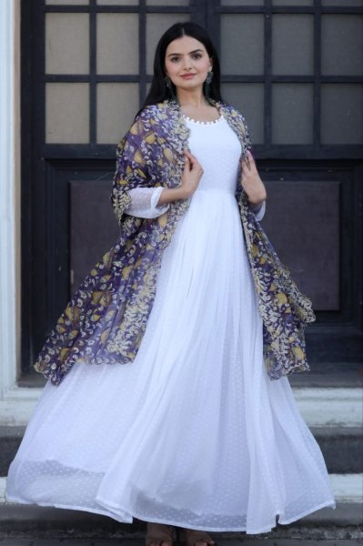 White Georgette Gown With Soft Organza Dupatta Kurti With Dupatta Wholesale