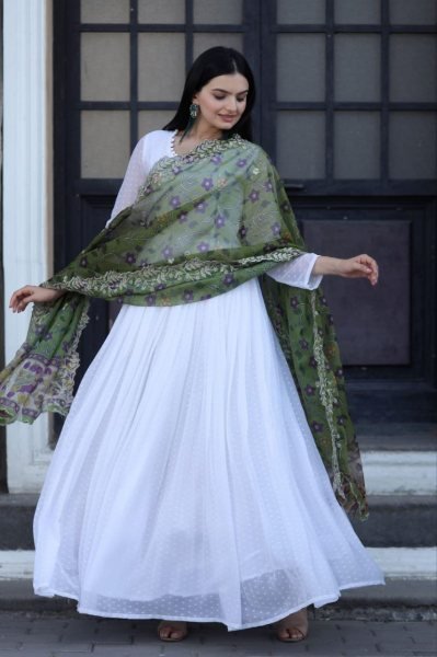 White Georgette Gown With Soft Organza Dupatta Kurti With Dupatta Wholesale