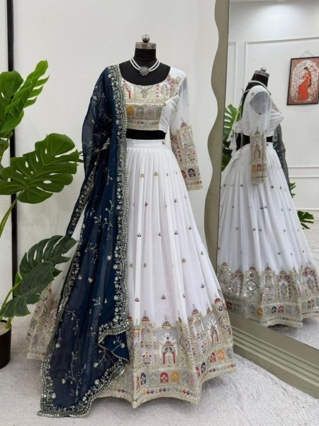 White Georgette Lehenga Choli Heavy Coding Dori   Sequin Work with Lace Dupatta Semi Stitched Wedding Wear for Retailers 