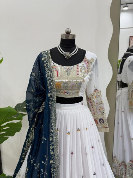 White Georgette Lehenga Choli Heavy Coding Dori   Sequin Work with Lace Dupatta Semi Stitched Wedding Wear for Retailers Designer Lehenga Choli