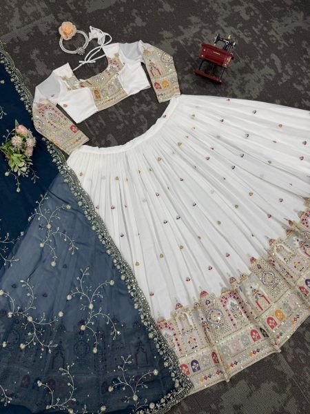 White Georgette Lehenga Choli Heavy Coding Dori   Sequin Work with Lace Dupatta Semi Stitched Wedding Wear for Retailers Designer Lehenga Choli
