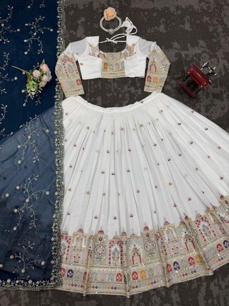 White Georgette Lehenga Choli Heavy Coding Dori   Sequin Work with Lace Dupatta Semi Stitched Wedding Wear for Retailers Designer Lehenga Choli