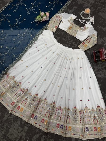 White Georgette Lehenga Choli Heavy Coding Dori   Sequin Work with Lace Dupatta Semi Stitched Wedding Wear for Retailers Designer Lehenga Choli