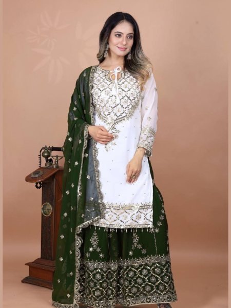 White  & Green Sharara Suit with Heavy Embroidery Perfect for Festive Functions 
