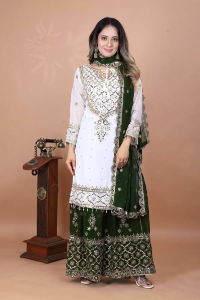 White  & Green Sharara Suit with Heavy Embroidery Perfect for Festive Functions Ready To Wear Collection