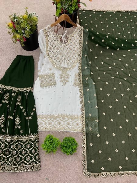White  & Green Sharara Suit with Heavy Embroidery Perfect for Festive Functions Ready To Wear Collection