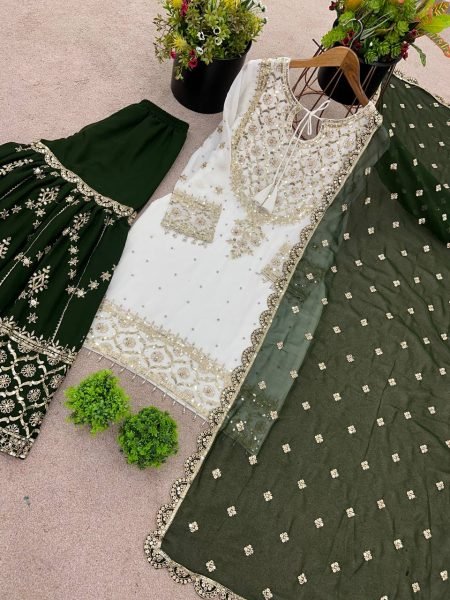 White  & Green Sharara Suit with Heavy Embroidery Perfect for Festive Functions Ready To Wear Collection