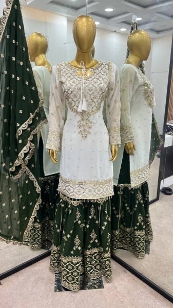 White  & Green Sharara Suit with Heavy Embroidery Perfect for Festive Functions Ready To Wear Collection