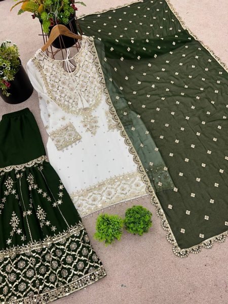 White  & Green Sharara Suit with Heavy Embroidery Perfect for Festive Functions Ready To Wear Collection