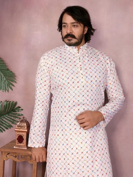 White Heavy Cotton Sequence Work Mens Kurta Pyjama Festive Wear 