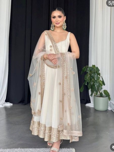 White Heavy Faux Georgette Anarkali Suit Set for Women Fully Stitched Designer Salwar Kameez with Pant Dupatta Set Festival Wear at Wholesale Price  