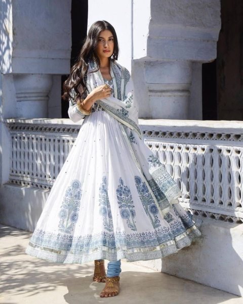 White Heavy Georgette Anarkali Gown Pant With Dupatta With Real Mirror Work  Ready To Wear Collection