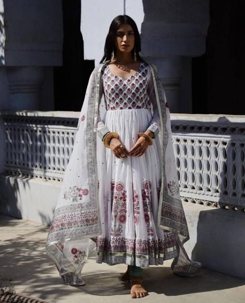 White Heavy Georgette Anarkali Gown Pant With Dupatta With Real Mirror Work  Ready To Wear Collection