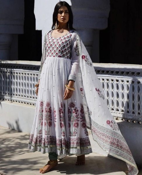 White Heavy Georgette Anarkali Gown Pant With Dupatta With Real Mirror Work  Ready To Wear Collection