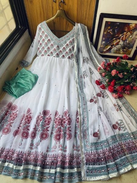 White Heavy Georgette Anarkali Gown Pant With Dupatta With Real Mirror Work  Ready To Wear Collection