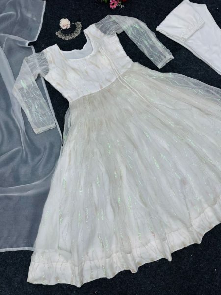 White Heavy Organza Silk Suit With Sequence Work  3 Piece Kurti Set