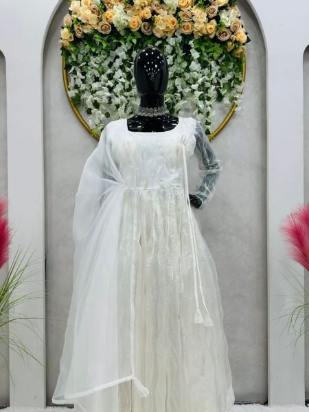 White Heavy Organza Silk Suit With Sequence Work  3 Piece Kurti Set