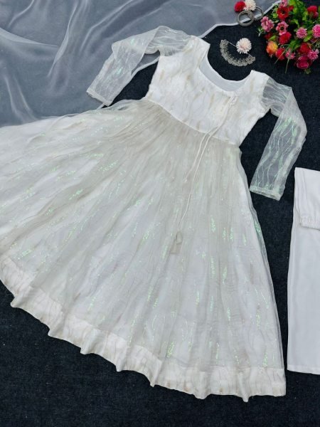 White Heavy Organza Silk Suit With Sequence Work  3 Piece Kurti Set