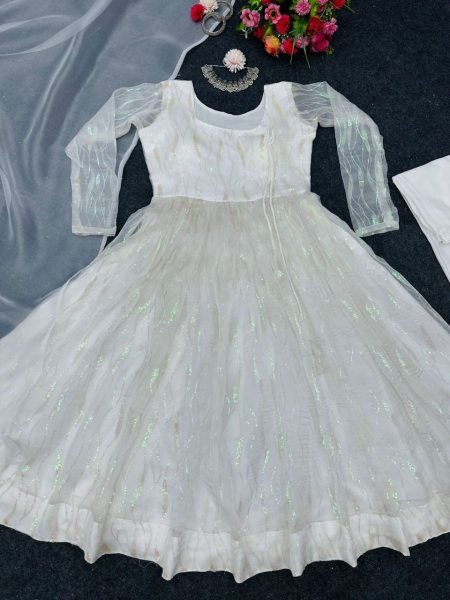 White Heavy Organza Silk Suit With Sequence Work  3 Piece Kurti Set