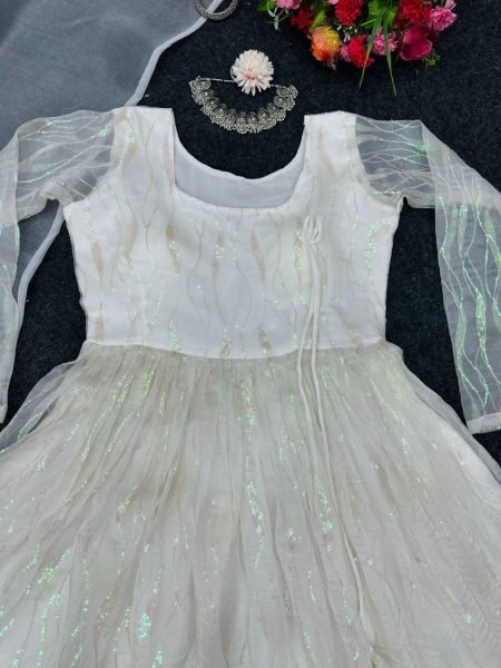 White Heavy Organza Silk Suit With Sequence Work  3 Piece Kurti Set