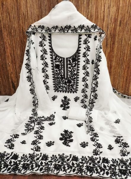white jorjat embroidered suit set with santoon pant and dupatta Color Set Matching Dress Material Wholesale