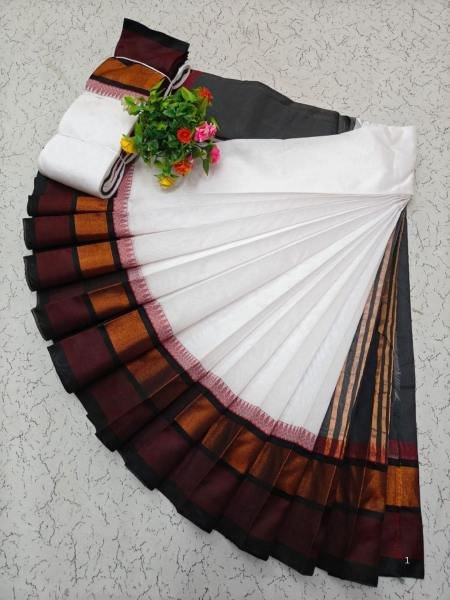 White Kerala Saree with Kottanji Korvai Border & Contrast Blouse At Wholesale Rates Shop by Occasion