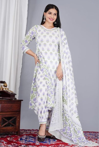 White Lavender Cotton Floral Kurti Pant Set   Hand Work 3 Piece Kurti Set