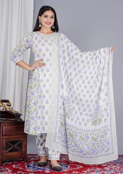 White Lavender Cotton Floral Kurti Pant Set   Hand Work 3 Piece Kurti Set