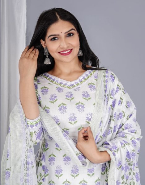 White Lavender Cotton Floral Kurti Pant Set   Hand Work 3 Piece Kurti Set