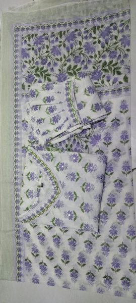 White Lavender Cotton Floral Kurti Pant Set   Hand Work 3 Piece Kurti Set