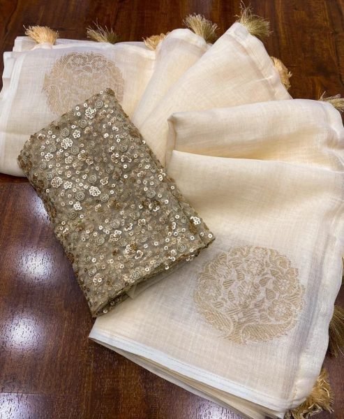 White linen Saree with woven zari jacq design Blouse Linen Sarees Wholesale