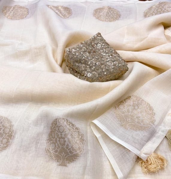 White linen Saree with woven zari jacq design Blouse Linen Sarees Wholesale