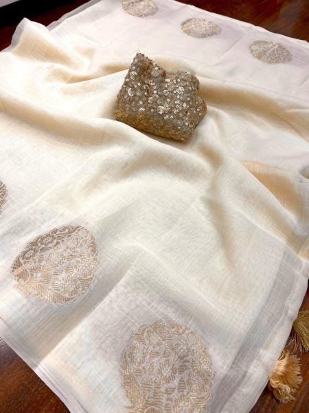 White linen Saree with woven zari jacq design Blouse Linen Sarees Wholesale