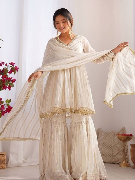 White Mal Chanderi Sharara Set Designer Mirror Work Outfit for Bulk Export Ready To Wear Suit