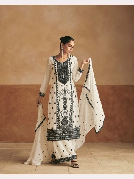 White Premium Chinon Silk Plazzo Suits Collection  Designer Plazzo Salwar Suits Wholesale