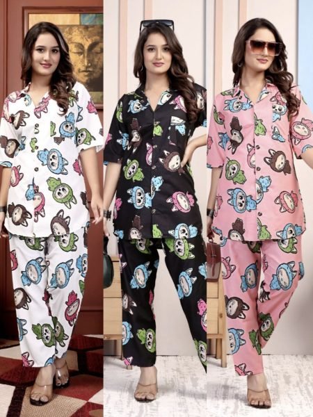 White Rayon Digital Print Nightwear Cord Set Soft and Stylish Look Night Suit Wholesale