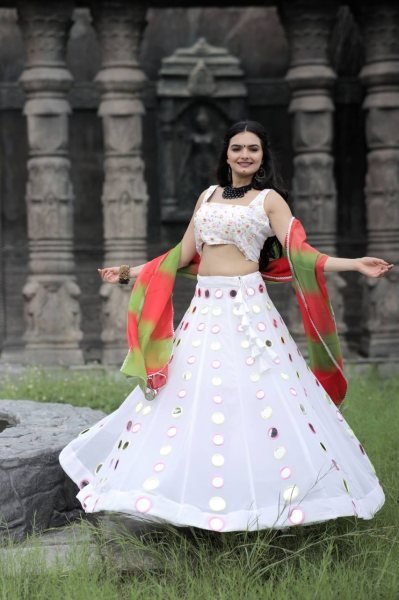 White Real Mirror Work Georgette Lehenga Choli Navratri Lehnega Choli