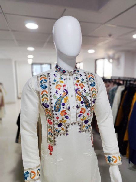 White Silk Embroidery Kurta Pajama for Men for Festive Events Mens Wear