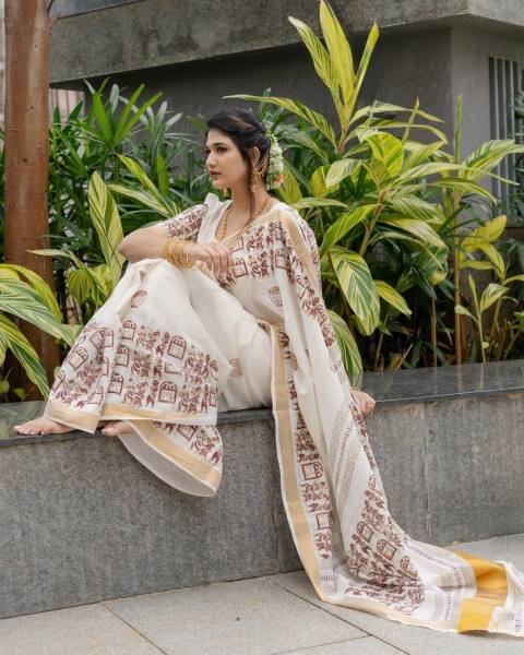 White Soft Linen Cotton Saree with Digital Print Border And Unstitched Blouse For Casual Wear Printed Cotton Sarees Wholesale