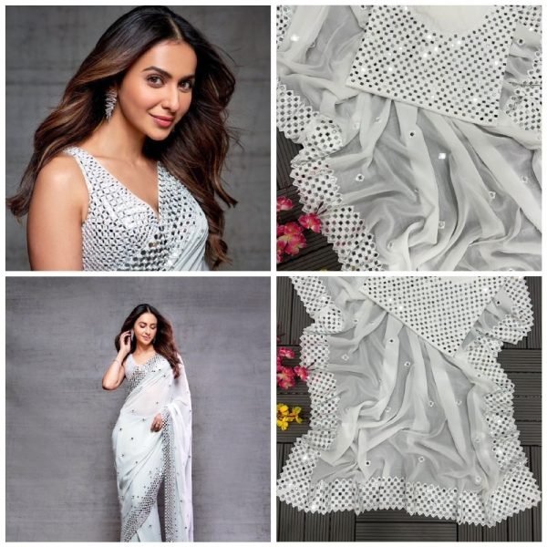 White Super Trending Georgette Mirror work Saree Bollywood Fancy Sarees Wholesale