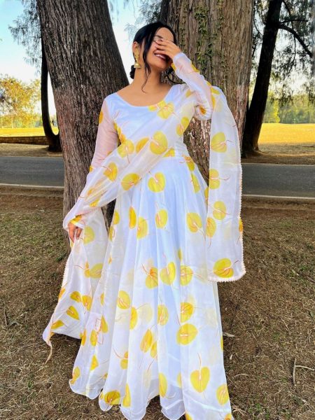 White With Yellow  Leaf Print Georgette Anarkali With Duppta Collection Plus Size Kurti / Gown