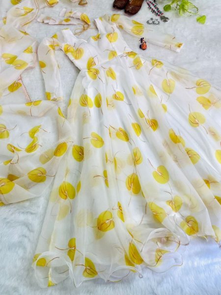 White With Yellow  Leaf Print Georgette Anarkali With Duppta Collection Plus Size Kurti / Gown