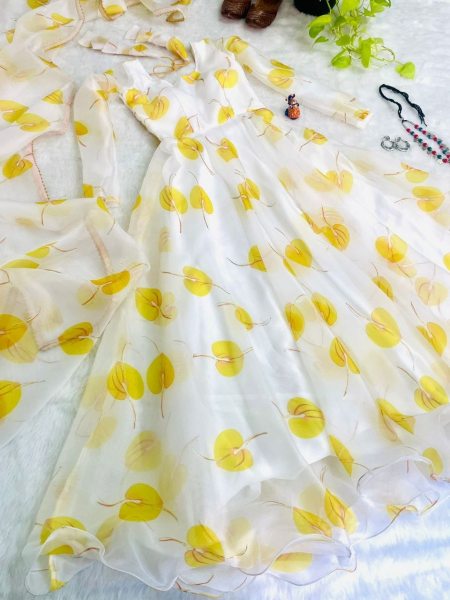 White With Yellow  Leaf Print Georgette Anarkali With Duppta Collection Plus Size Kurti / Gown