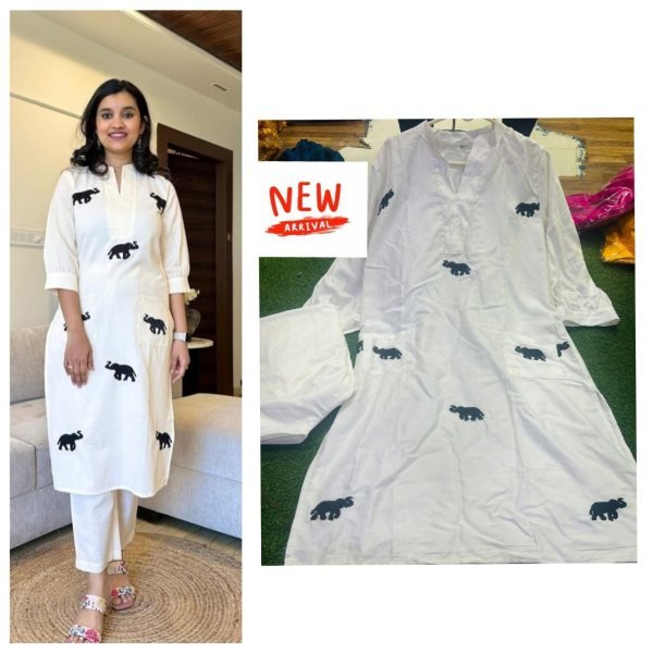 WhiteCotton Elephant Embroidery Coord Set Ready to Wear Kurta   Pant Reseller Special Offer Kurti With Bottom Wholesale