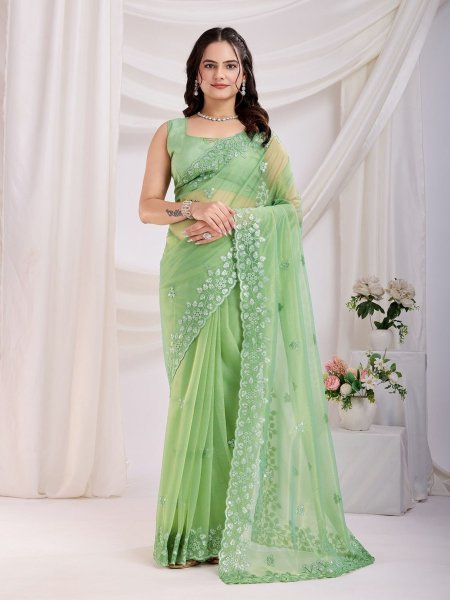 Wholesale Collection Women Beautiful Designer Embroidery Green Saree  